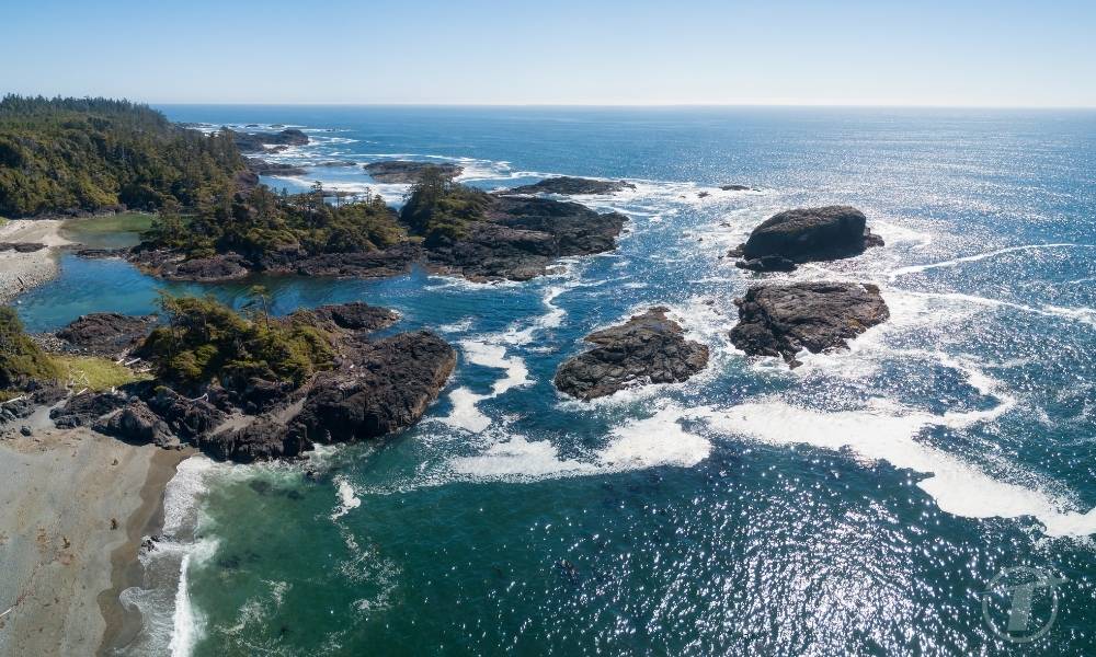 Aerial view of the beach near Tofino, Vancouver Island, BC, Canada