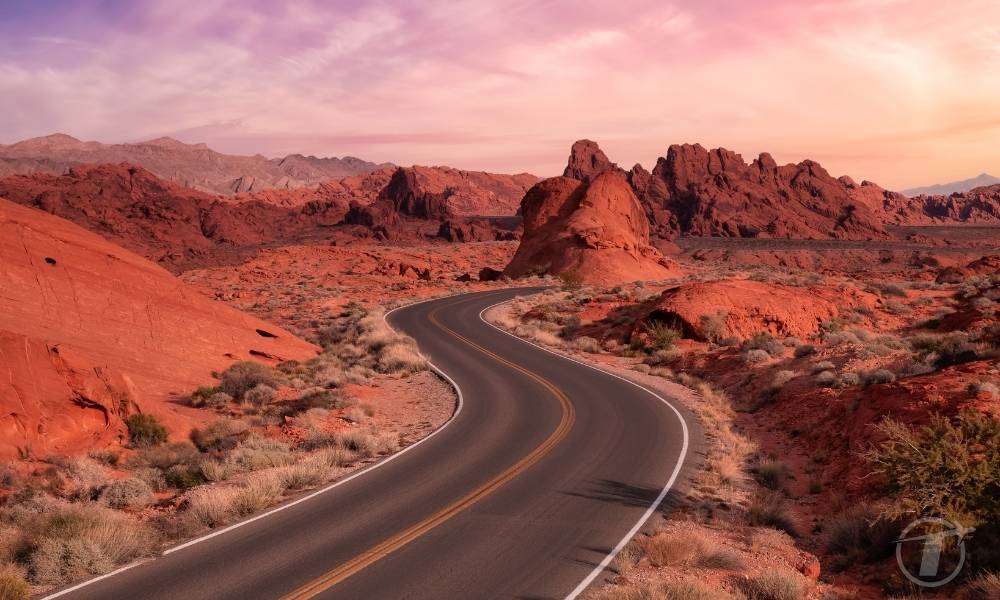 Valley of Fire State Park, Nevada, United States. Scenic road in the desert during a cloudy morning.